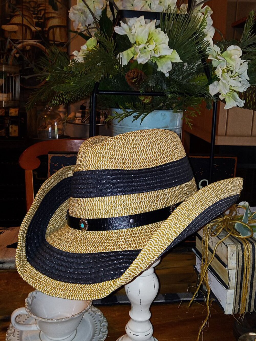Western Style Black & Natural Stripe Straw hat